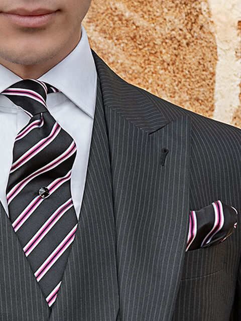 Cravatta e Fazzoletto in seta rigata nero fucsia