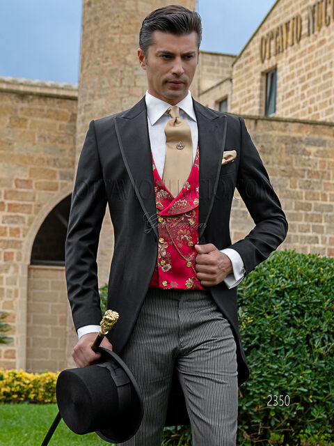 Tight uomo classico lana nero con gilet damascato rosso