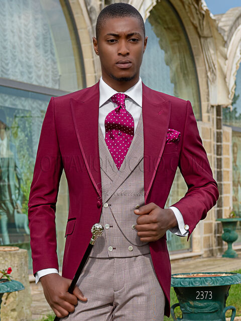 Abito sposo demi tight moderno fucsia, gilet e pantaloni principe di galles
