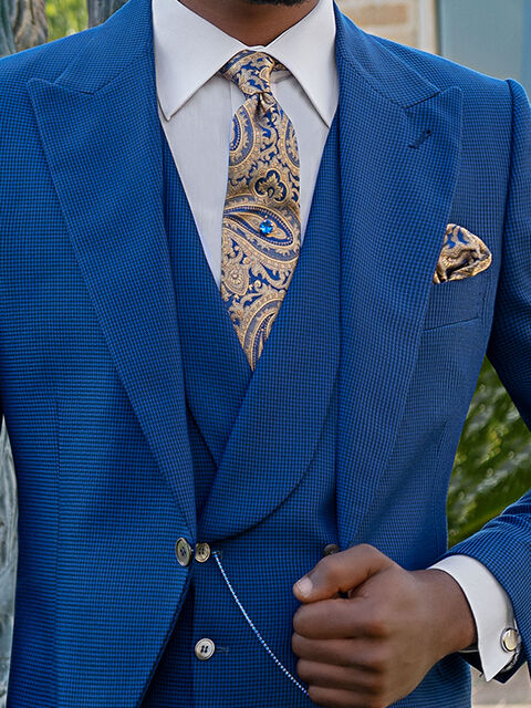 Gilet doppiopetto sciallato in pied-de-poule blu