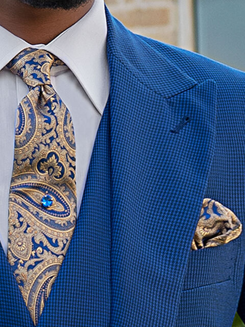Cravatta e Fazzoletto in seta cachemire bluette con oro