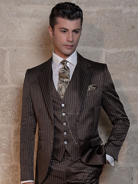 Vestito cerimonia uomo gessato marrone lana viscosa