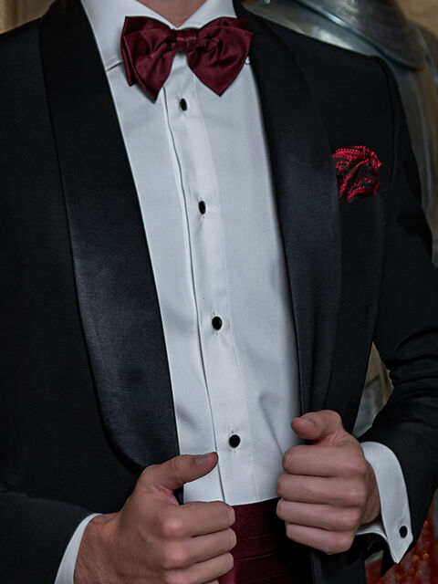Set fascia 4 pieghe e papillon seta rosso