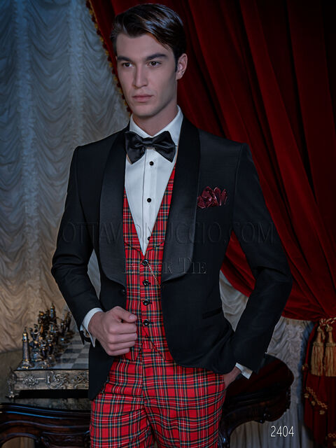 Smoking uomo sciallato, pantalone e gilet tartan rosso