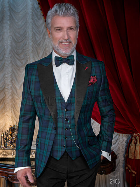 Smoking uomo tartan blu verde, rever a lancia in raso nero