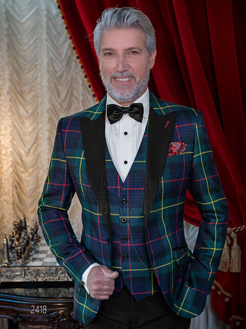 Smoking uomo scozzese blu verde con rever a lancia