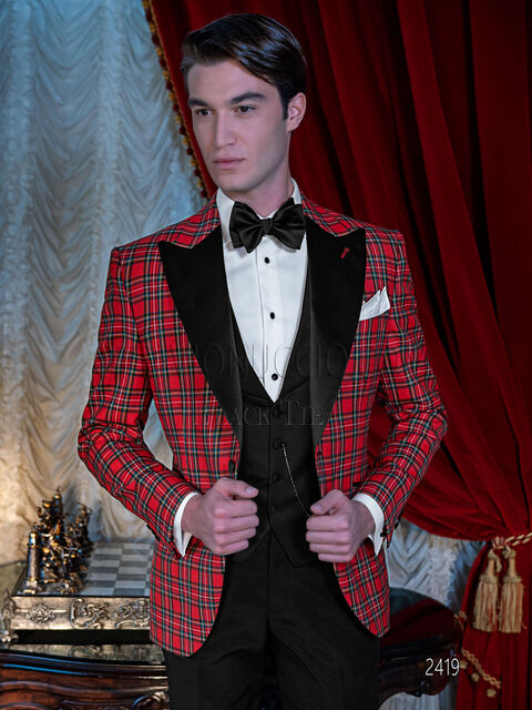 Smoking uomo per eventi di gala in tartan di lana rosso