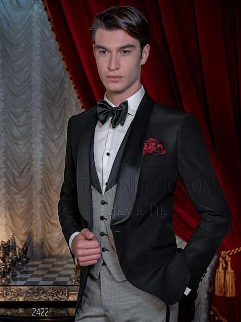 Abito uomo smoking nero sciallato con gilet e pantalone pied poul