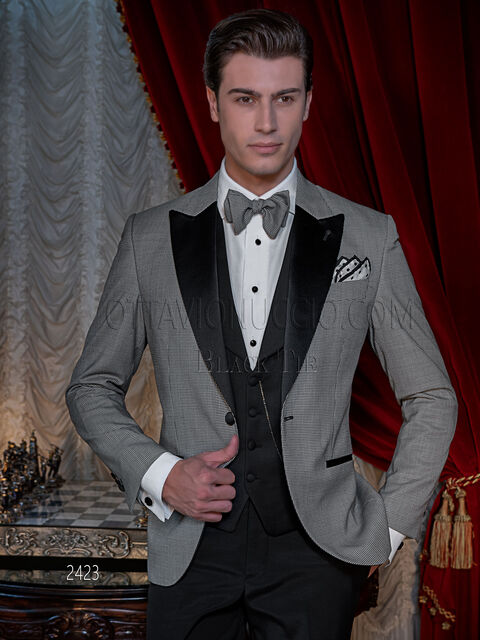 Smoking uomo da gala in pied poul, gilet e pantalone nero