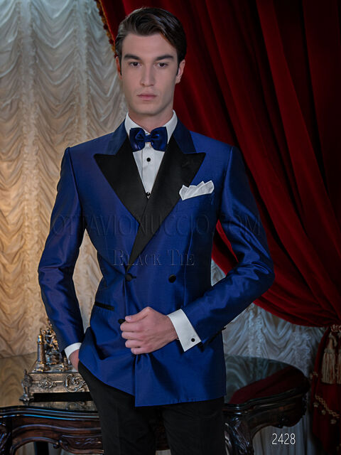 Smoking uomo doppiopetto blu elettrico shantung da gala