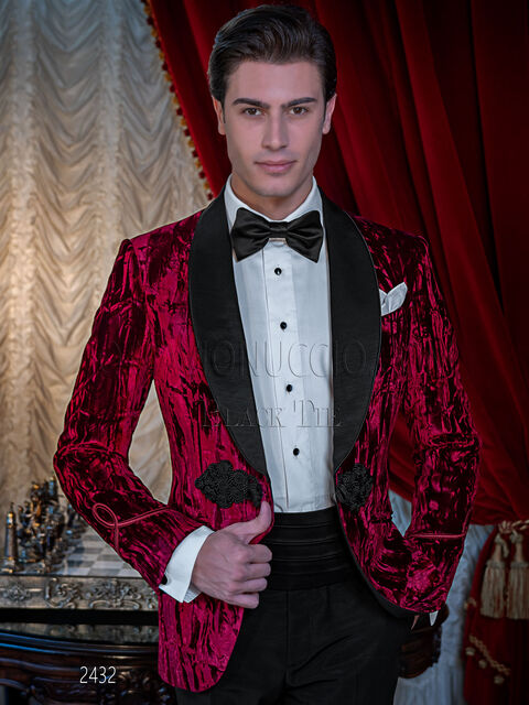 Smoking a scialle bordeaux gala uomo in velluto stropicciato