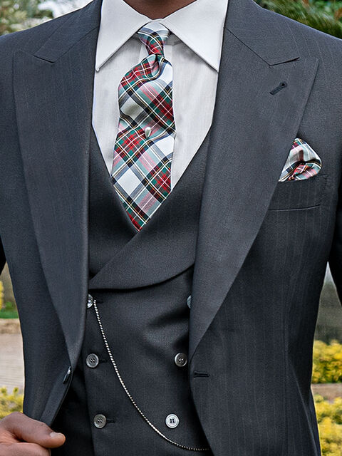 Gilet sciallato in tessuto gessto nero e riga bordeaux