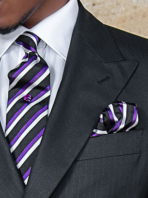 Cravatta e fazzoletto seta jacquard righe viola e nere regimental