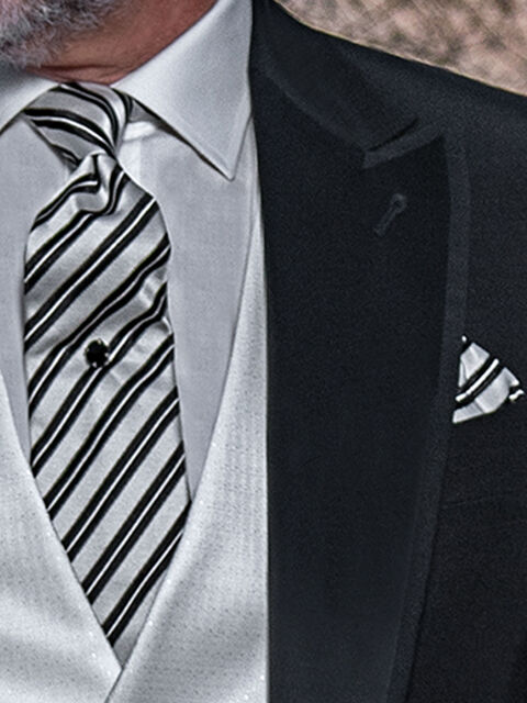 Cravatta con Fazzoletto in seta righe grigio e nero