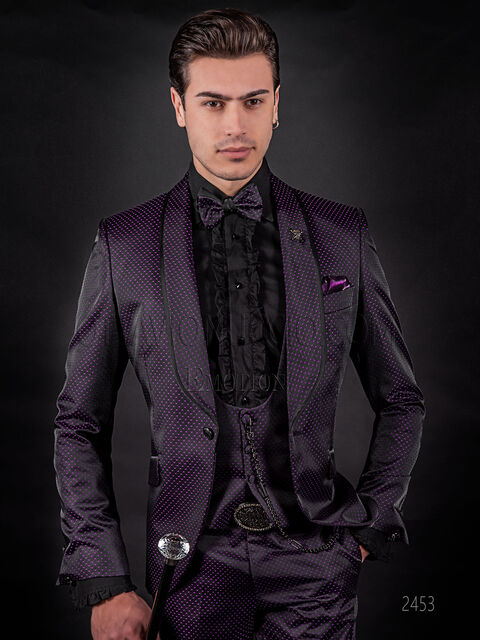 Abito smoking sposo moderno sciallato nero pois viola