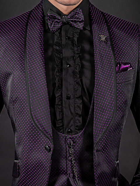 Gilet nero a pois viola e bottoni foderati