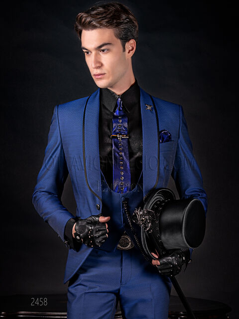 Vestito sposo particolare in jacquard blu royal rever sciallato