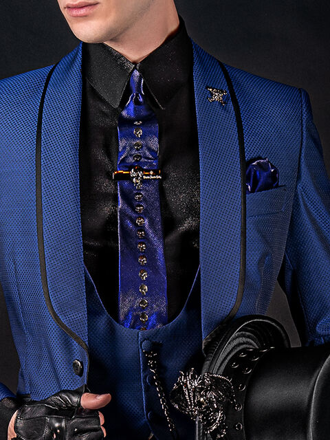 Gilet blu royal con microdisegni neri e collo sciallato