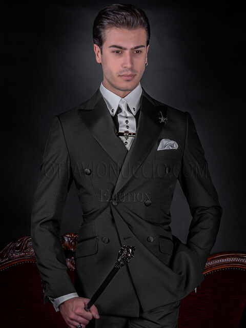 Abito moderno doppiopetto uomo jacquard nero, rever raso nero