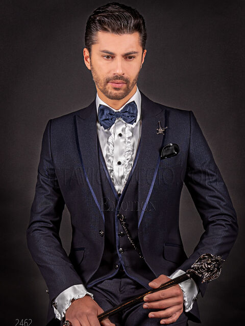 Vestito sposo moderno blu, bordino raso blu sul rever