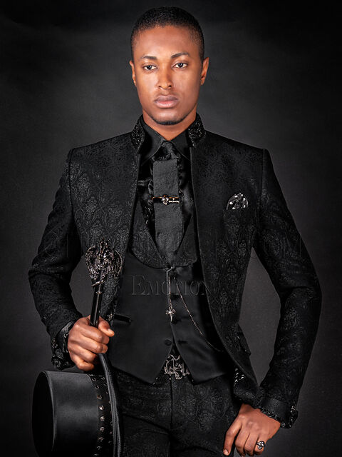 Abito sposo collo coreano gotico jacquard nero con cristalli