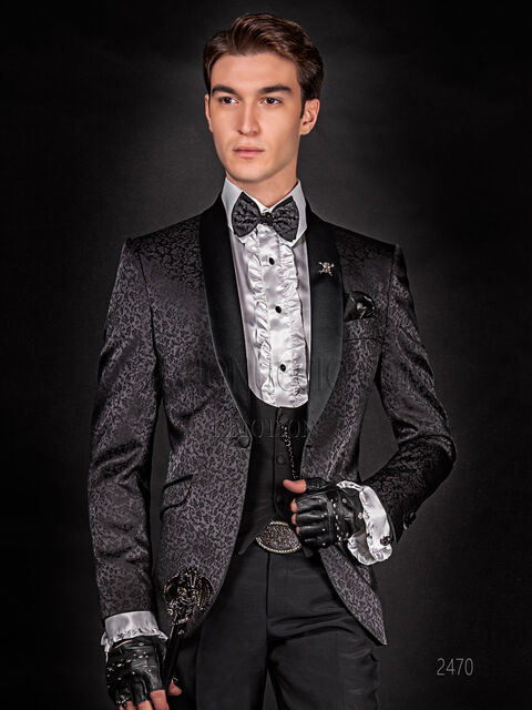 Giacca moda uomo in nero damascato, gilet e pantaloni neri