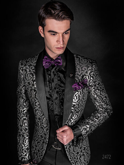 Giacca smoking moda uomo broccata argento e nero