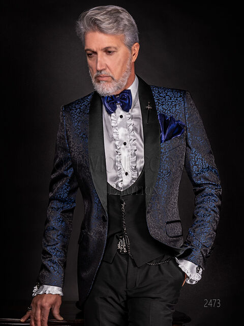 Giacca smoking blu damascato per matrimonio uomo moderno