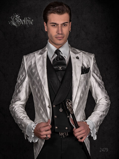 Giacca gotica uomo raso bianco ricamata, pantalone e gilet nero