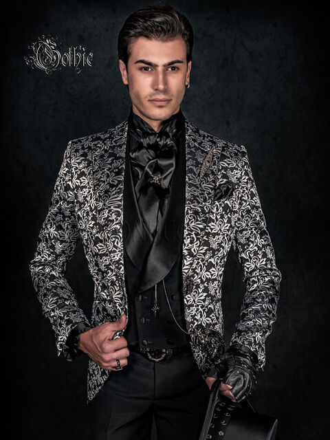 Abito uomo broccato nero argento con strass per cerimonie gotiche