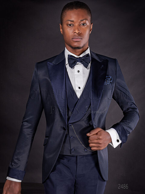 Abito sposo jacquard blu con rever in raso da uomo