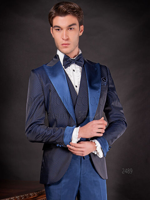 Abito cerimonia moda sposo blu con pois a tono