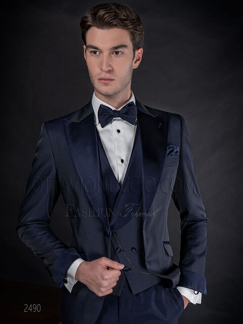Abito moda sposo uomo blu con contrasti in raso a tono