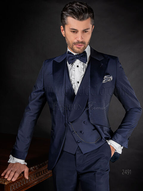 Abito moda sposo fashion uomo blu con contrasti in raso