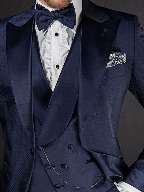 Gilet asimmetrico doppiopetto sciallato jacquard blu rever in raso