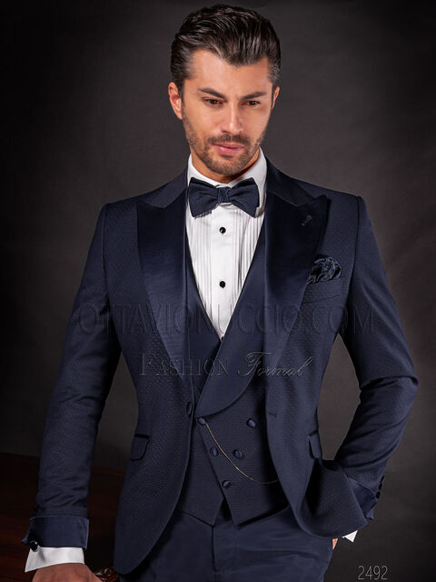 Abito moda sposo da uomo blu con inserti in raso