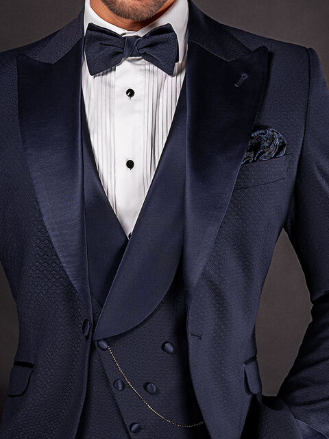 Gilet asimmetrico doppiopetto sciallato blu jacquard rever in raso