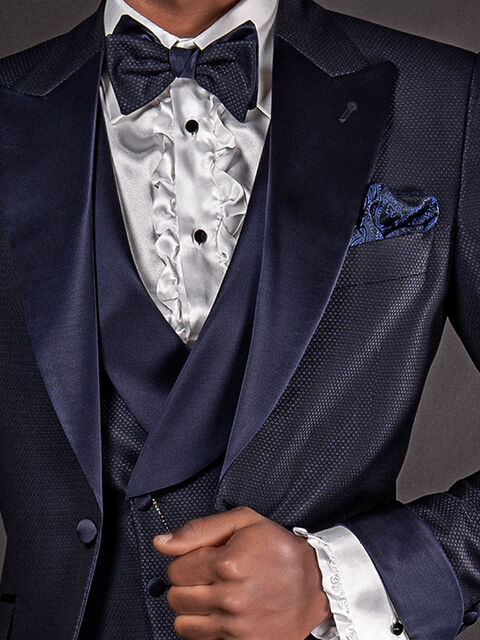 Gilet doppiopetto sciallato blu con rever in raso