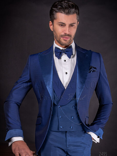 Vestito moda sposo in jacquard blu e contrasti in raso al tono
