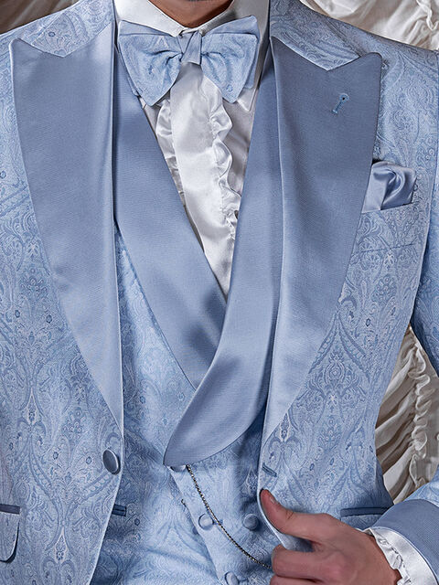 Gilet asimmetrico doppiopetto sciallato in tessuto jacquard damascato celeste e rever in raso