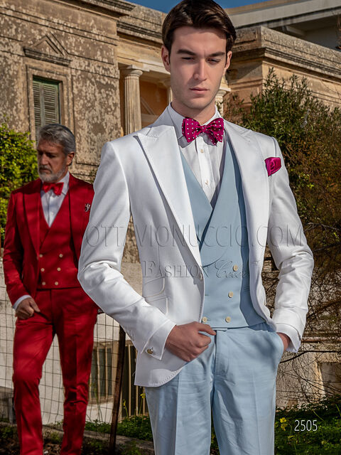 Abito uomo con giacca cotone piquet bianco, pantalone e gilet azzurri