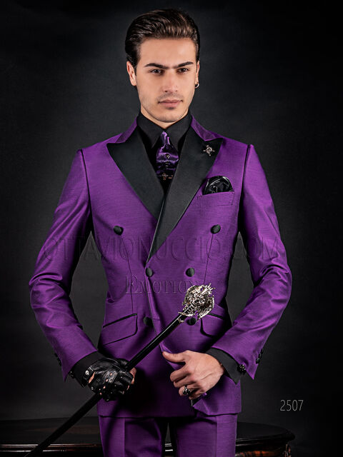 Vestito doppiopetto moderno da uomo misto lana viola e nero