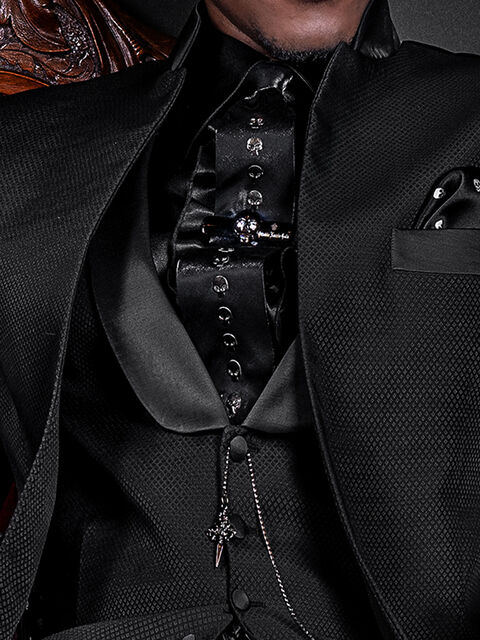 Gilet in microdisegni nero con collo sciallato
