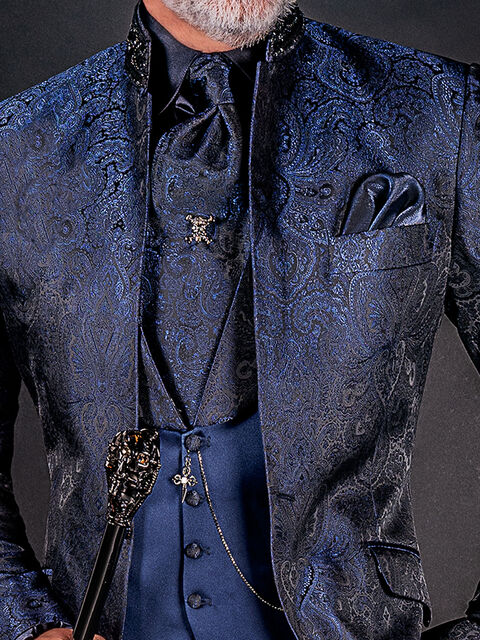 Gilet collo sciallato in raso blu con rever damascato