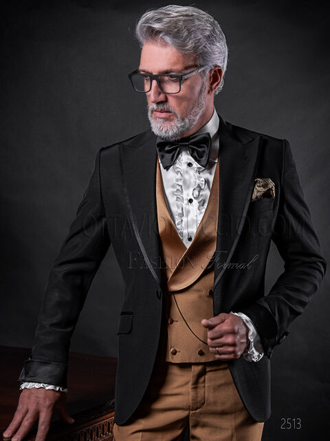 Completo sposo con giacca nera, pantalone e gilet doppiopetto oro