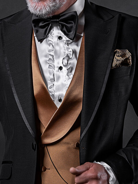 Gilet doppiopetto sciallato oro rever in raso