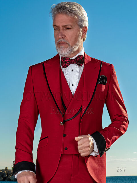 Abito uomo fashion moderno misto lana rosso con profili neri