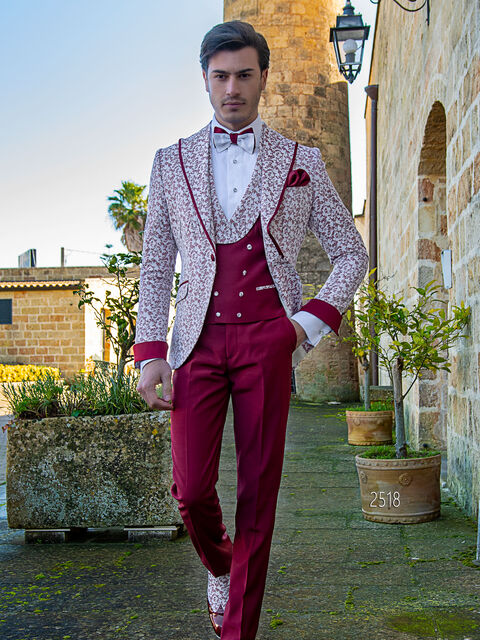 Abito cerimonia uomo in tessuto damascato bianco e rosso