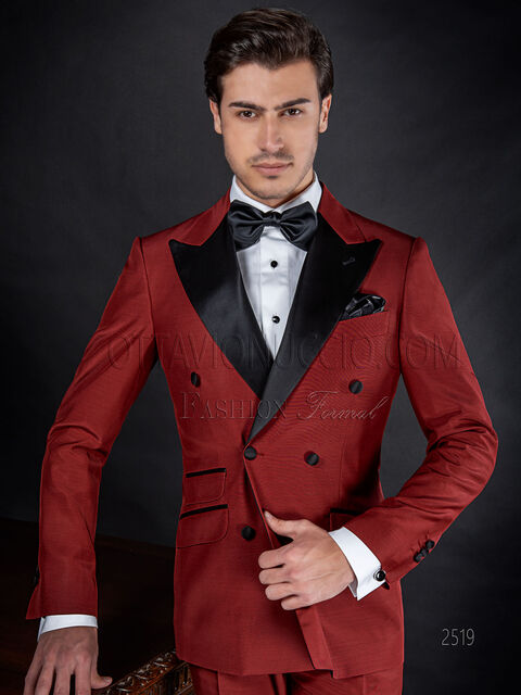 Abito doppiopetto fashion uomo misto lana rosso con inserti neri