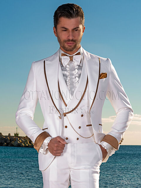 Vestito uomo fashion su misura bianco, contrasti oro sul rever e maniche